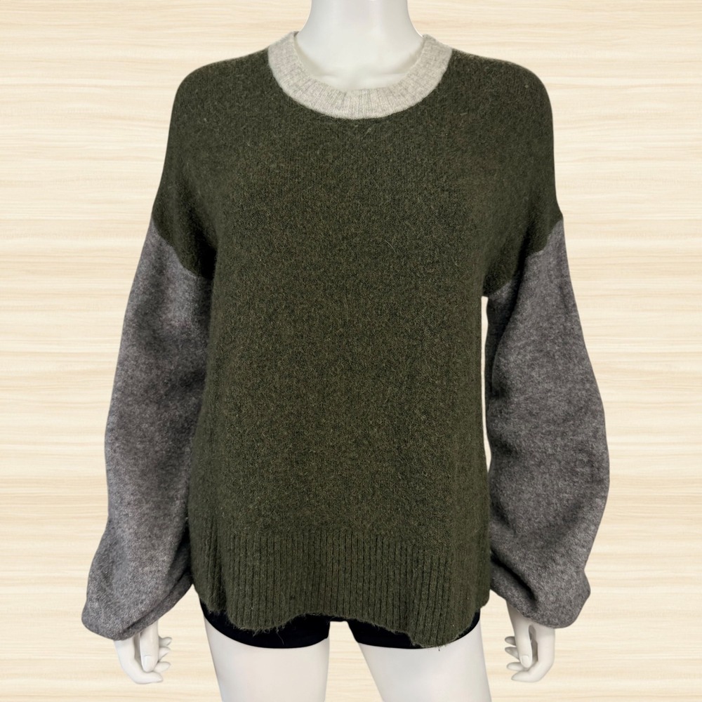 Madewell Colorblock Merino Wool Alpaca Blend Crewneck Sweater Green Grey Cozy M